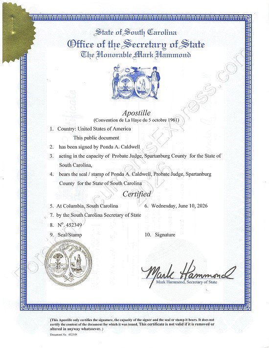 South Carolina apostille Apostille from South Carolina